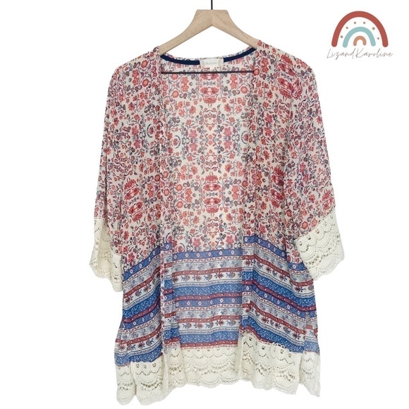 Altar’d State Bohemian Hippie Floral Crochet Kimono Sweater Topper - Picture 1 of 9
